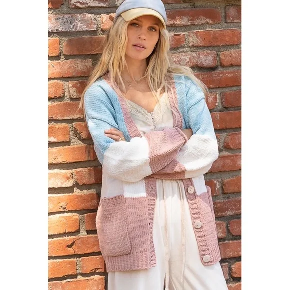 POL Blue & Pink Chenille Button Down Relaxed Fit Cardigan - Picture 6 of 8